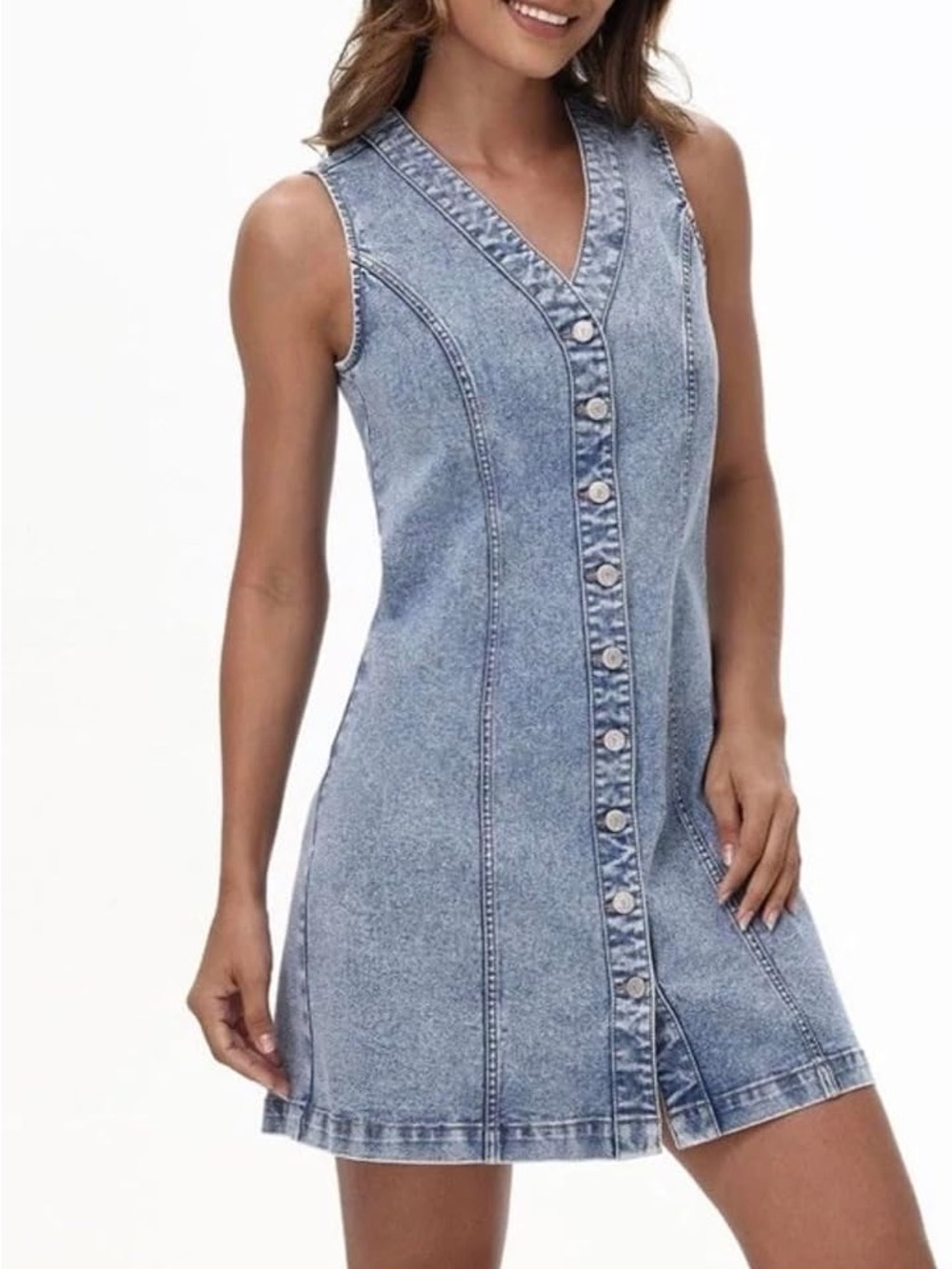 Frye Washed Blue Denim Button-Down V-Neck Dress
